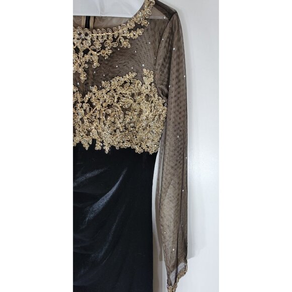 Xscape Beaded Illusion Bodice Velvet Evening Gown, Black & Gold, Womens Size 2 - Picture 7 of 12